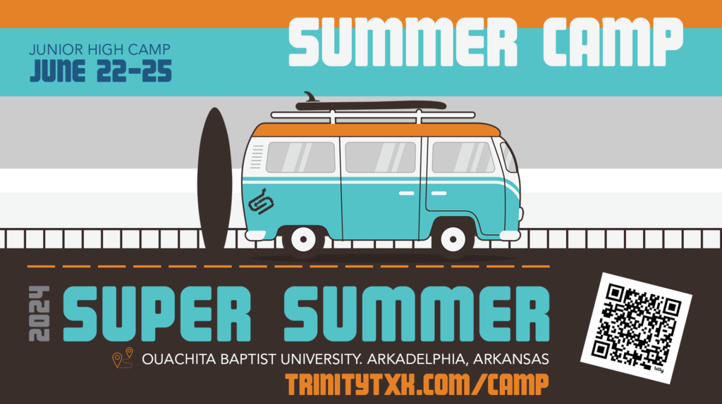 Junior High Church Camp | Super Summer 2024. Features a retro bus and camp details.