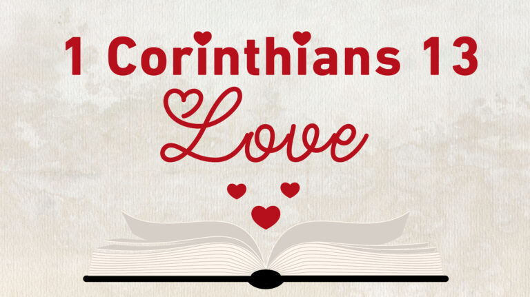 1 Corinthians 13, Love with 3 hearts below the word Love and a graphic depicting an open Bible.