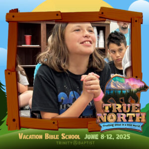 A girl prays during vacation bible school in Texarkana. Photo has wooden photo frame around it and the logo for True North VBS.